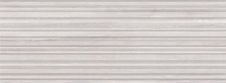 Vertical stripes in soft gray and white form a refined pattern on the Lunara Comet 18" x 48" Deco Rectified Tile in matte, ideal for accent walls with a sleek, modern look that resembles wallpaper or fabric.