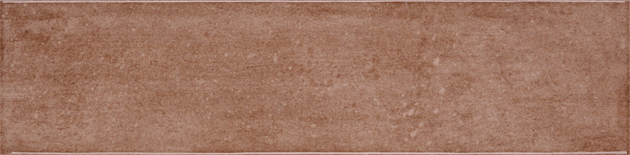 A rectangular, plush rug in muted brown with a subtle, worn texture and slim light borders, echoing the clean lines of contemporary wall tiles like the Muse 4" x 16" Glossy Subway Tile in Shoreline.