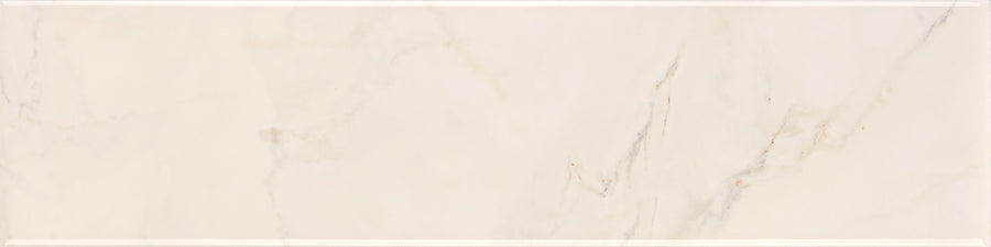 The Tuscany Oro 4" x 16" Tile features a glossy finish and light beige marble design with subtle gray and golden veins, framed by a thin border for an elegant, clean look.