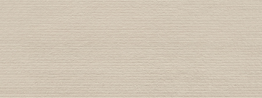 Close-up of the Dynasty 18" x 48" Deco Matte Rectified Tile in Ivory, revealing vertical ridges and a soft, textured surface with evenly spaced lines that create a repetitive, tactile pattern reminiscent of corduroy fabric.