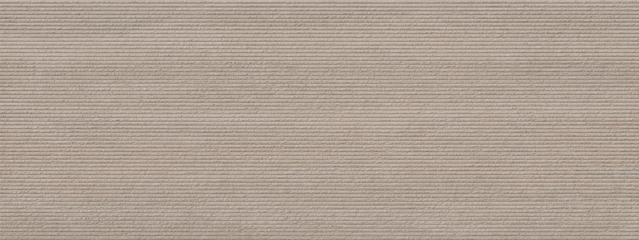 The Dynasty 18" x 48" Deco Matte Rectified Tile in taupe features a corduroy-inspired design with parallel ribbed lines, a textured surface, and a matte finish that adds depth with its evenly spaced, raised ridges.