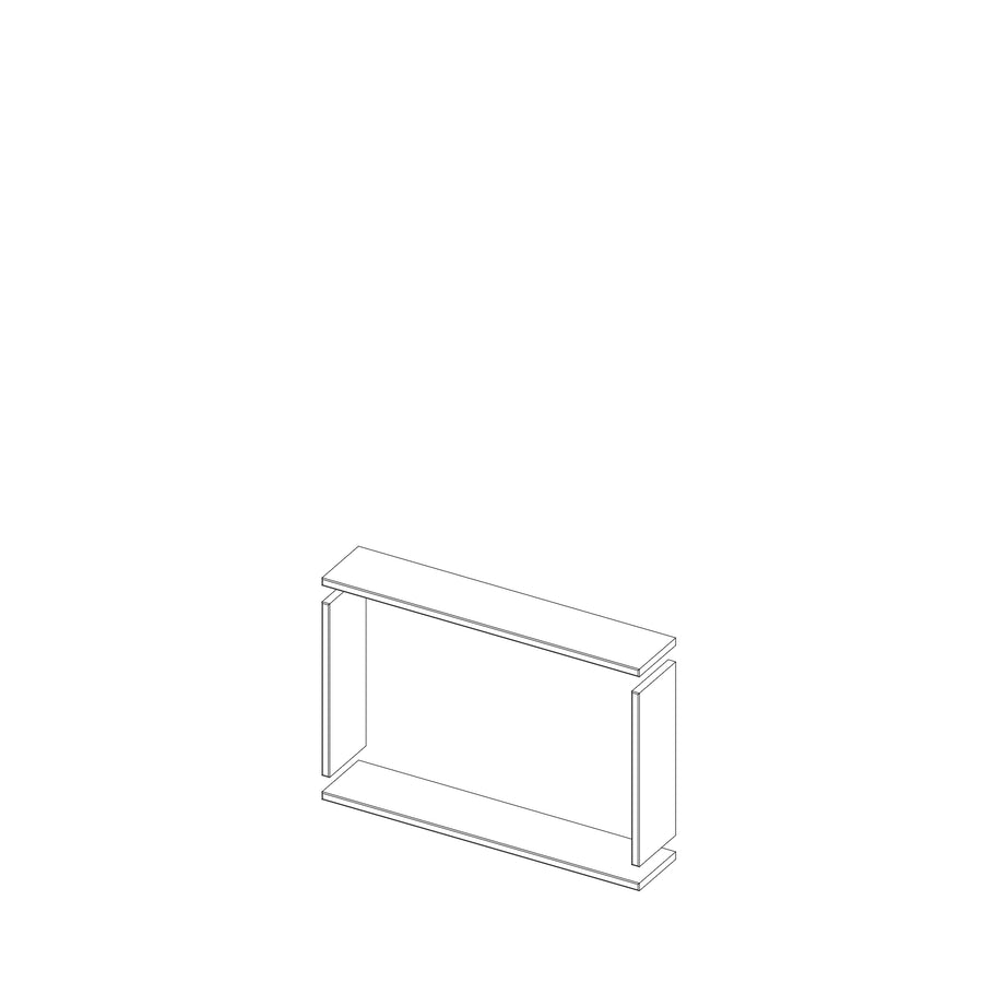 A simple line drawing of the Boundless 20x12 Niche, a rectangular, open-front shower niche with two vertical side supports and a single central horizontal shelf, designed for compatibility with pre-cut finishing pieces.