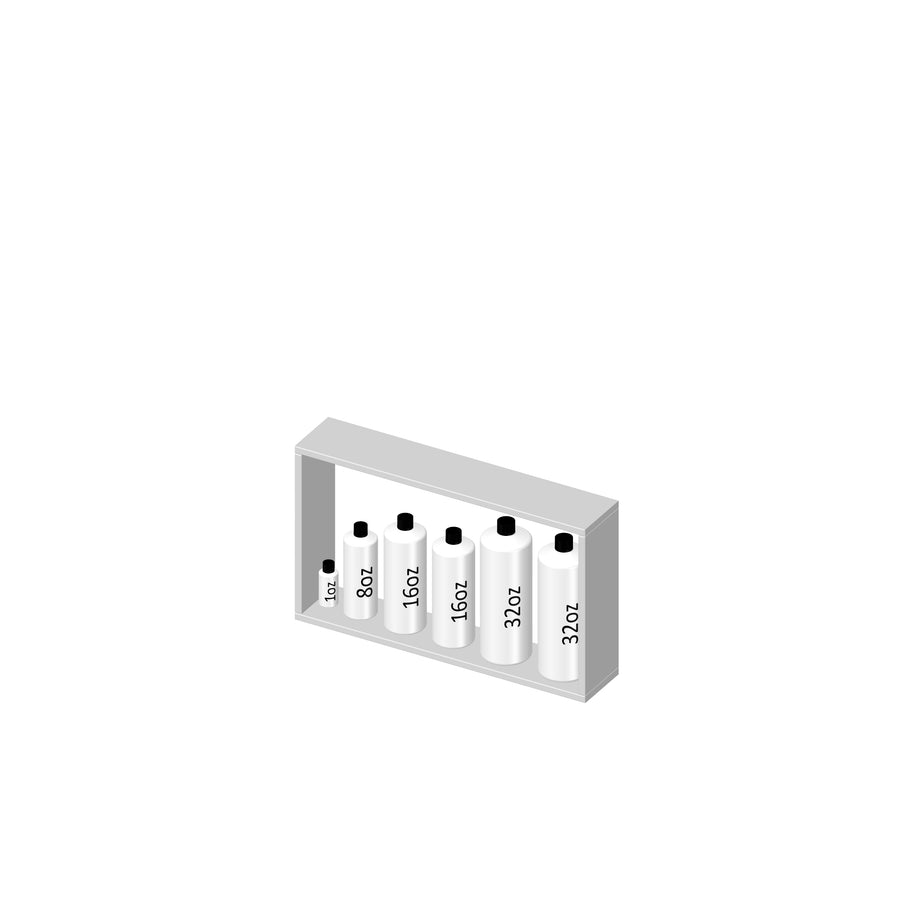 A shelf holding five white bottles of different sizes, each labeled with its capacity: 8 oz, 16 oz, 16 oz, 32 oz, and 32 oz, from left to right.