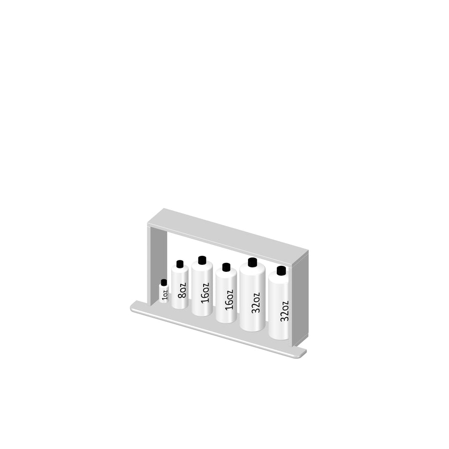 A rack holding five white bottles of varying sizes labeled 4oz, 8oz, 16oz, 32oz, and 32oz, arranged in ascending order from left to right.