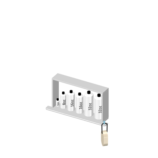 A shelf holding five white bottles labeled 8 oz, 16 oz, 16 oz, 32 oz, and 32 oz, with a roll of tape hanging from a hook on the right side of the shelf.