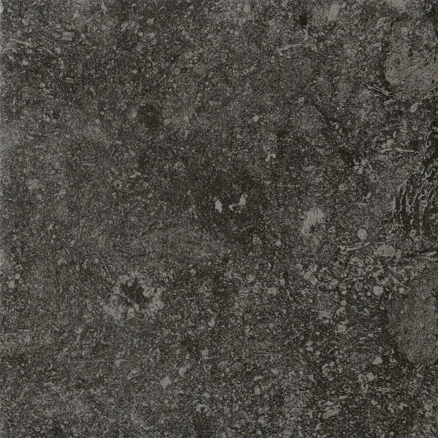 A close-up of VersaTILE 8x8 Glazed Porcelain Tile in Belgian Dark, showing its textured stone-like surface with gray and black patterns, fine cracks, and lighter patches for a natural concrete look.