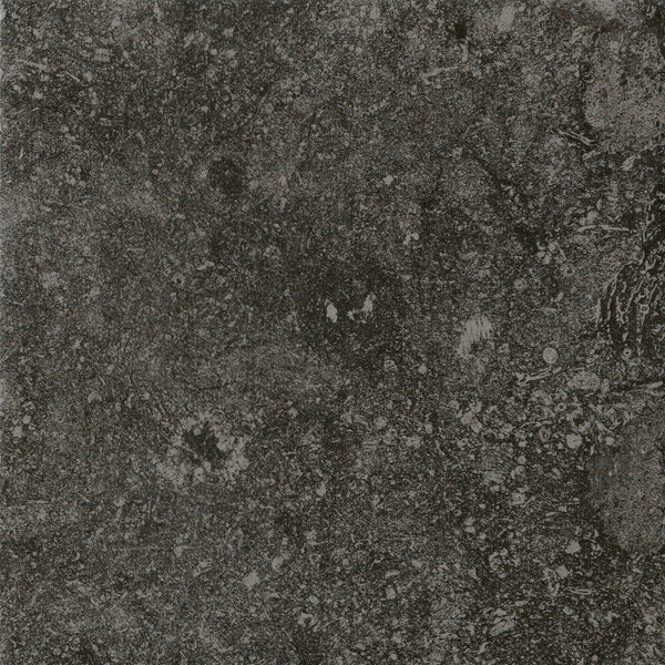 A close-up of VersaTILE 8x8 Glazed Porcelain Tile in Belgian Dark, showing its textured stone-like surface with gray and black patterns, fine cracks, and lighter patches for a natural concrete look.