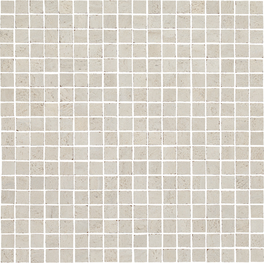 The Dynasty 12" x 12" Mosaic Tile in White Natural features a grid of small, square tiles with subtle texture and thin white grout lines, creating a seamless, classic backsplash effect.