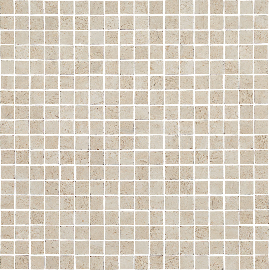 The Dynasty 12" x 12" Mosaic Tile in Ivory Natural features a grid of small, square tiles with white grout lines, creating a uniform, textured surface ideal for a stylish backsplash.