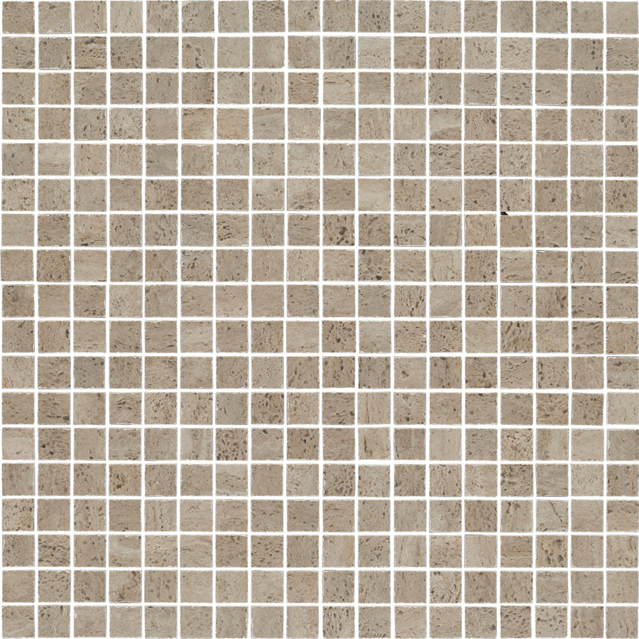 The Dynasty 12" x 12" Mosaic Tile features small, square taupe natural tiles in a uniform grid with thin white grout lines, ideal for creating a stylish backsplash.