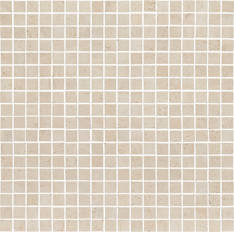 Dynasty 12" x 12" Mosaic Tile in White Polished features a grid of square tiles with white grout lines. The polished finish and subtle variations make it perfect for accent walls or backsplashes, offering a sleek, uniform look.
