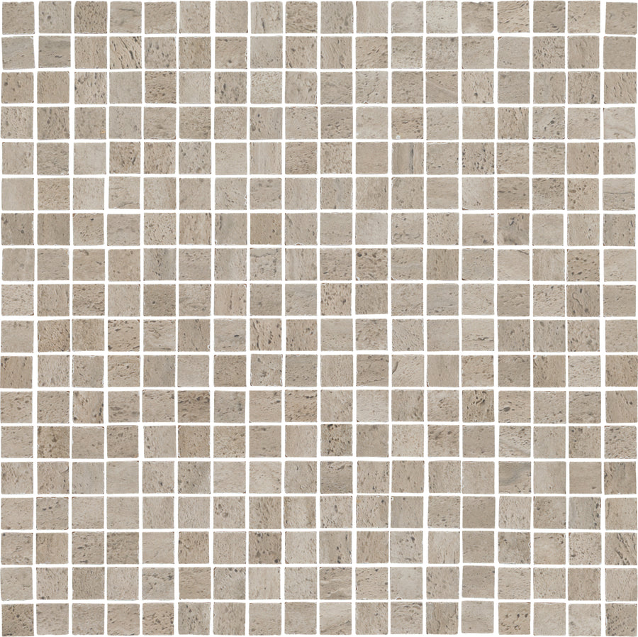 Dynasty 12" x 12" Mosaic Tile in Taupe Polished creates a uniform, geometric backsplash. Small square tiles with subtle texture are arranged evenly with white grout lines for a clean, modern look.