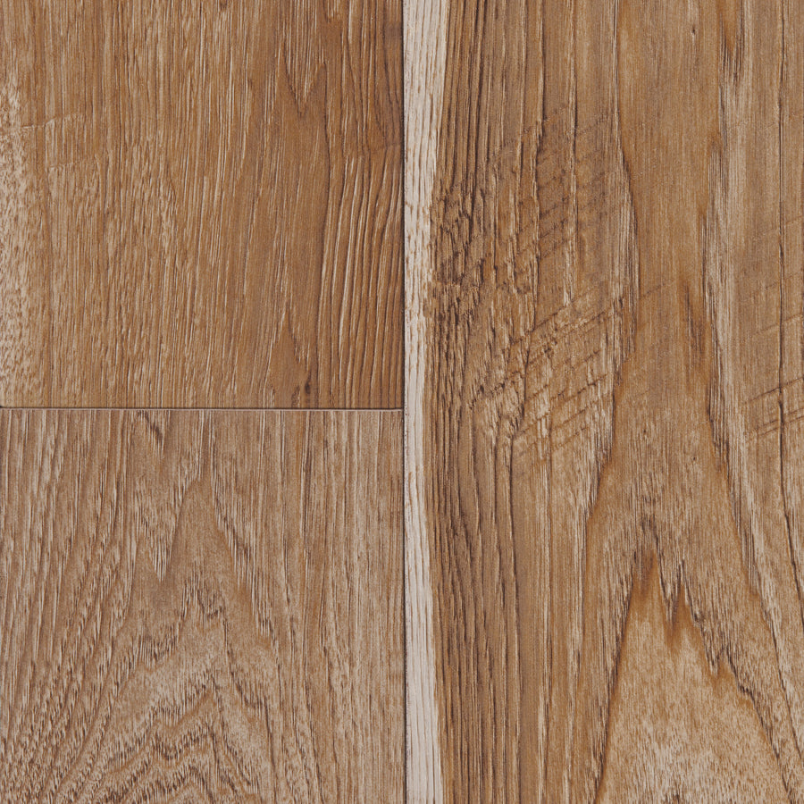 Close-up view of Sawmill Hickory 6 3/16" Waterproof Laminate in Natural, featuring light brown tones with visible wood grain patterns and seams. This moisture-resistant flooring offers lasting durability and timeless style.