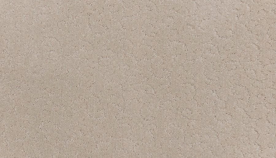 Fleurious Pet Friendly Carpet features a beige hue with a subtle swirling texture, blending gently into any decor for a decorative and inviting look, while providing luxurious comfort and pet-friendly durability.