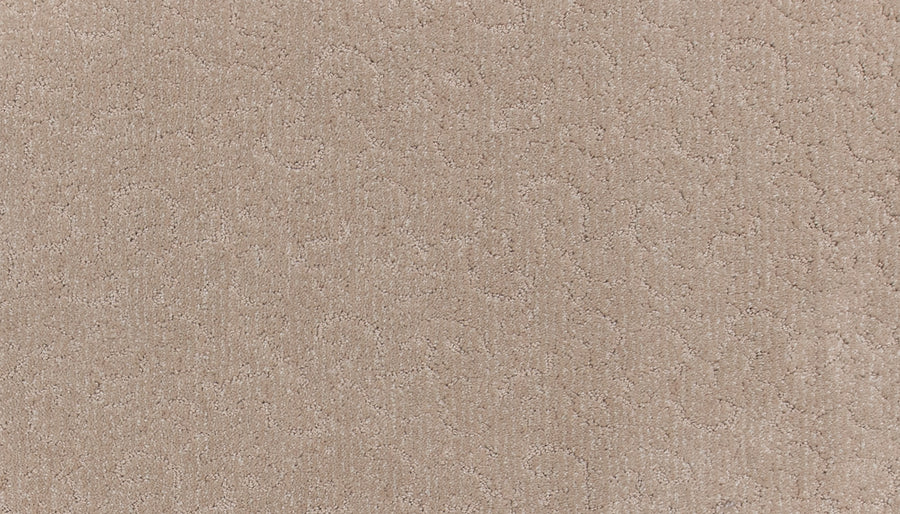 Fleurious Pet Friendly Carpet features a beige hue with a subtle, swirled, slightly raised pattern for a faint textured design, offering luxurious comfort and style to any space.
