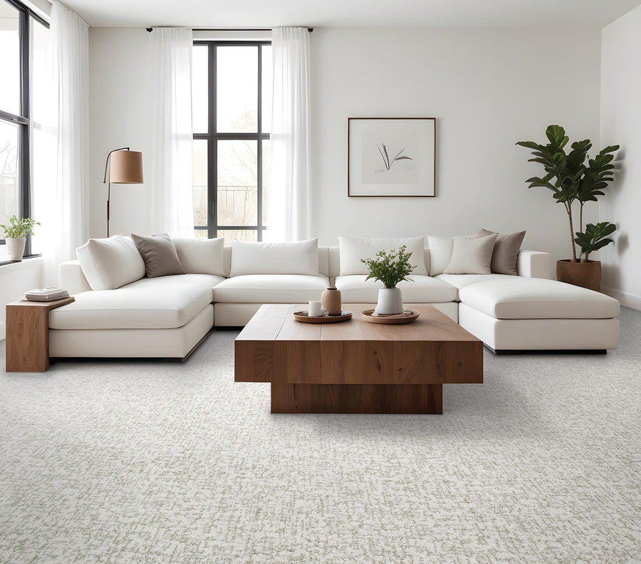 A modern living room with a large white sectional sofa, wooden coffee table, potted plants, floor lamp, and large windows with sheer white curtains. The decor is minimal and airy, with neutral tones.