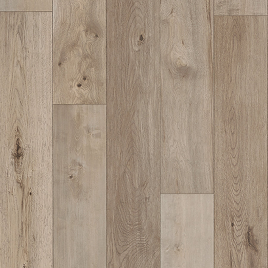 Close-up of Anthology 7 9/16" Waterproof Laminate in Parchment, arranged in a staggered pattern, highlighting realistic wood grain textures and subtle brown and beige tones.