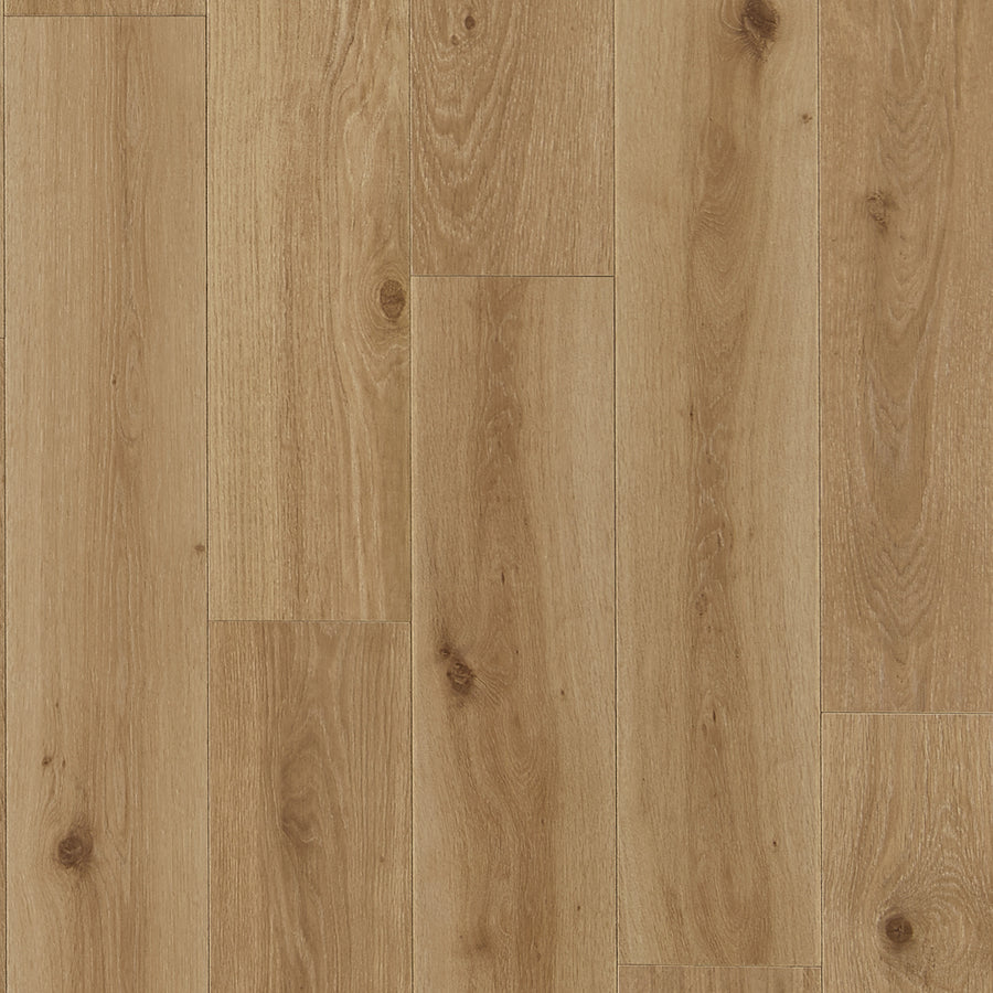 Haven 7 9/16" Waterproof Laminate in Wheat features a light brown, natural oak grain with visible knots and varied beige and tan tones, arranged in a seamless staggered layout.