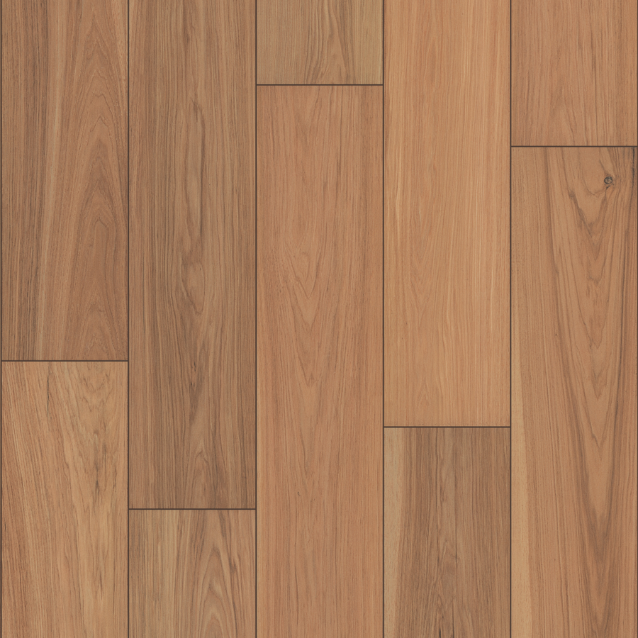 A close-up of Revival 7 9/16" Waterproof Laminate flooring in Warmth, featuring brown planks with natural grain patterns and a smooth, polished finish.