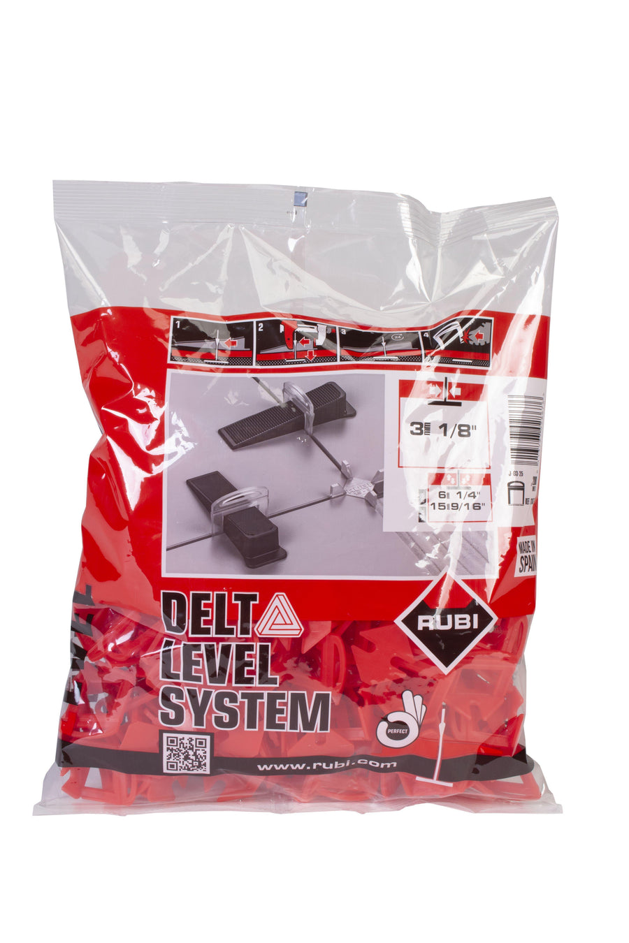 A clear plastic bag contains a Rubi Delta Leveling System kit with red and black components for precise tile installation, plus product info and diagrams printed on the packaging.