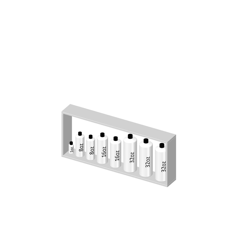 A shelf holding seven white bottles, each labeled with increasing fluid ounce sizes: 1 oz, 2 oz, 8 oz, 16 oz, 32 oz, 31 oz, 32 oz, arranged from left to right.