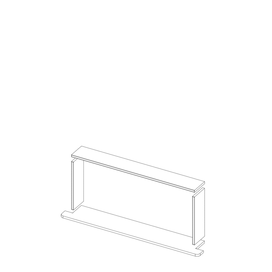 A simple black and white isometric line drawing of the Boundless 28x12 Niche, featuring a rectangular shape with a thick top and two solid end legs, echoing the sleek, modern look of luxurious shower niches with pre-cut finishing pieces.