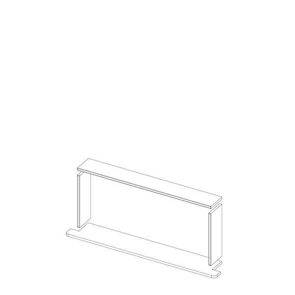 A simple black and white isometric line drawing of the Boundless 28x12 Niche, featuring a rectangular shape with a thick top and two solid end legs, echoing the sleek, modern look of luxurious shower niches with pre-cut finishing pieces.