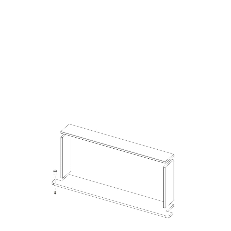 An exploded view line drawing of the Boundless 28x12 Niche shelf, showing side panels, top and base panels, pre-cut finishing pieces, and a screw below the left panel—perfect for assembling a shower niche in your luxury shower.