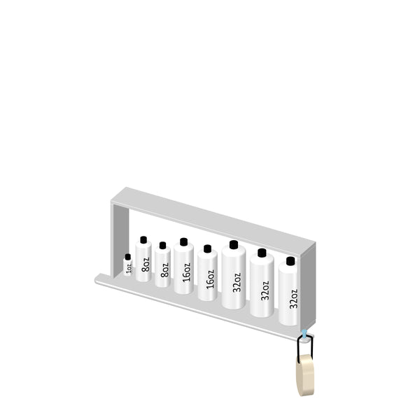A shelf holding six white bottles labeled 8 oz, 12 oz, 16 oz, 24 oz, and 32 oz, with a roll of tape hanging from a hook on the right side of the shelf.
