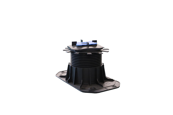 The Ardex TerraMaxx Pedestal is a black adjustable plastic support with a rectangular base, threaded central column, and blue top, designed for roof terraces or raised flooring systems, shown isolated on a white background.