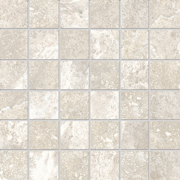 The Stream 2x2 Mosaic Porcelain Tile features a grid of square tiles in beige and light gray, each with unique natural patterns that emulate the look of travertine.
