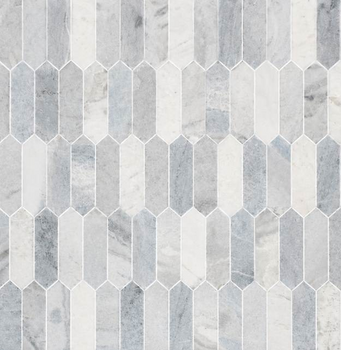 Blue Horizon 2x8 Picket Honed Marble Tile features blue picket-shaped marble arranged in a repeating, elongated hexagon pattern for a modern, geometric look with graceful color and veining variations.
