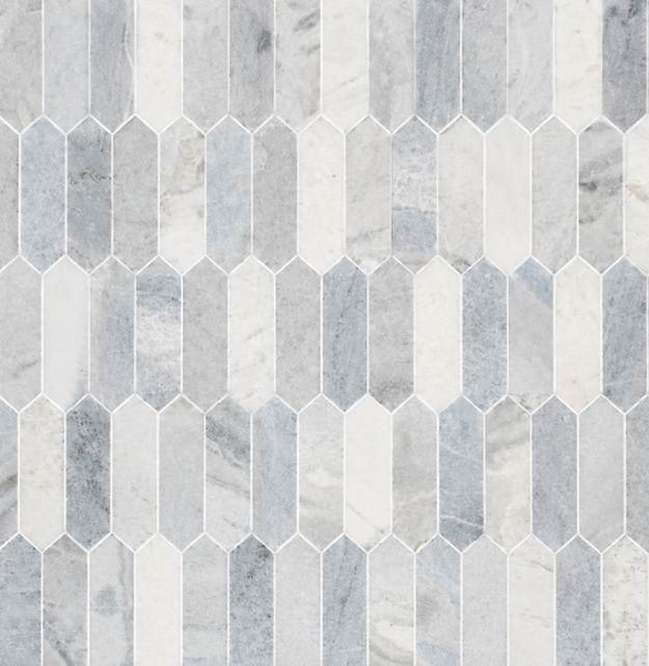 Blue Horizon 2x8 Picket Honed Marble Tile features blue picket-shaped marble arranged in a repeating, elongated hexagon pattern for a modern, geometric look with graceful color and veining variations.