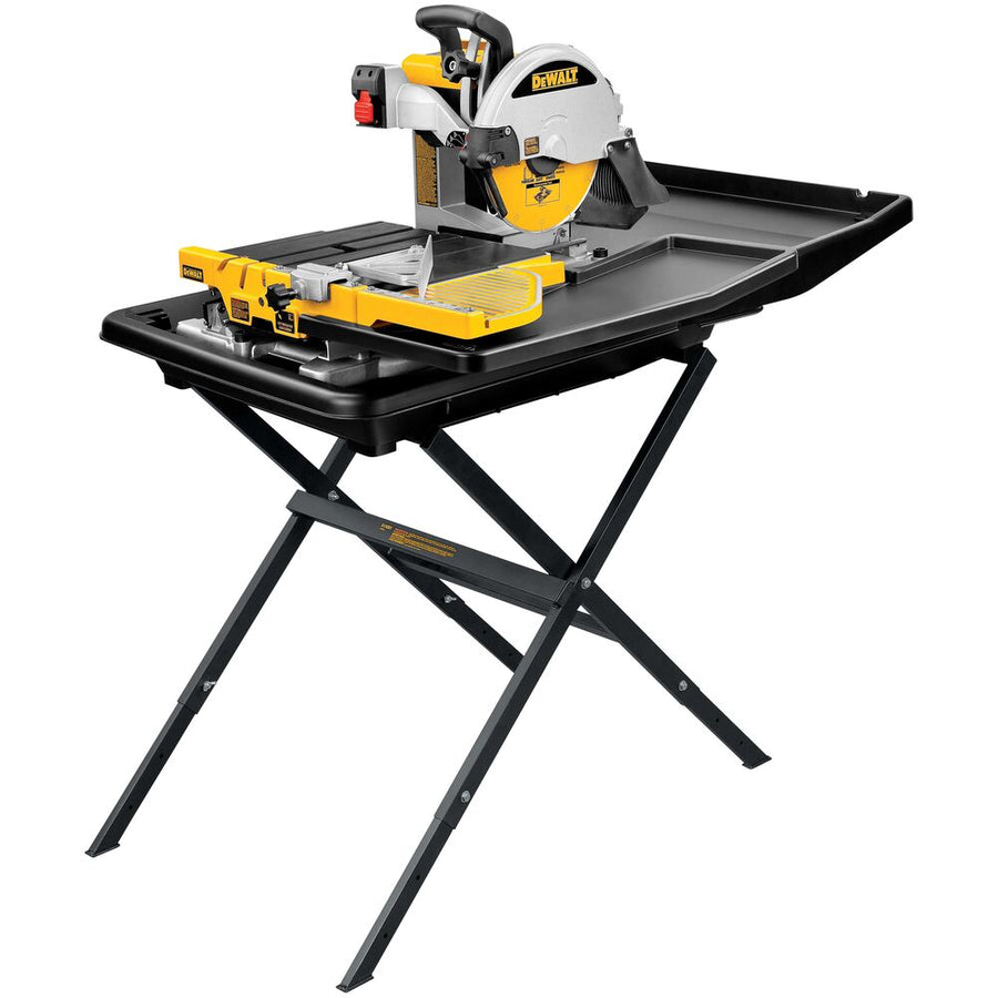 The Dewalt 36” Tile Wet Saw & Stand features a yellow and black design, water tray, adjustable cutting guide, and a black folding stand for precise and portable tile cutting.