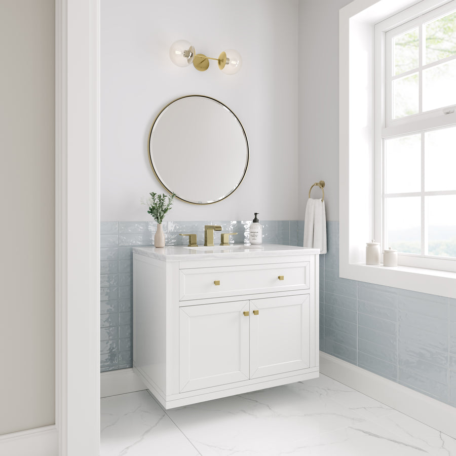 A bathroom with a mirror and a sink.