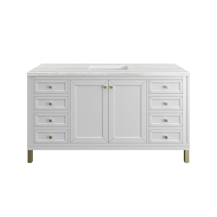 A white bathroom vanity with a marble countertop, an integrated sink, two central cabinet doors, and eight drawers with gold square handles and matching gold-capped legs.