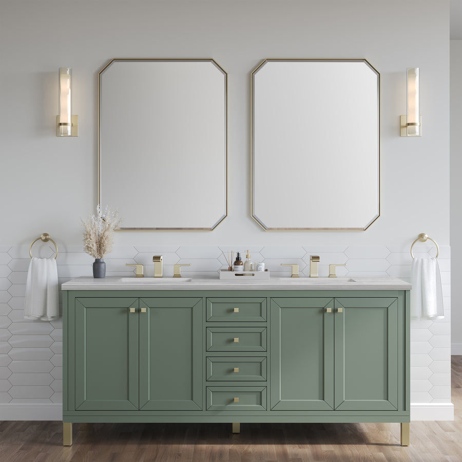 A modern bathroom boasts the Chicago 72" Double Bowl Vanity in sage green with gold hardware, topped with a white countertop, two rectangular mirrors, wall sconces, a white hexagon tile backsplash, and organized toiletries.