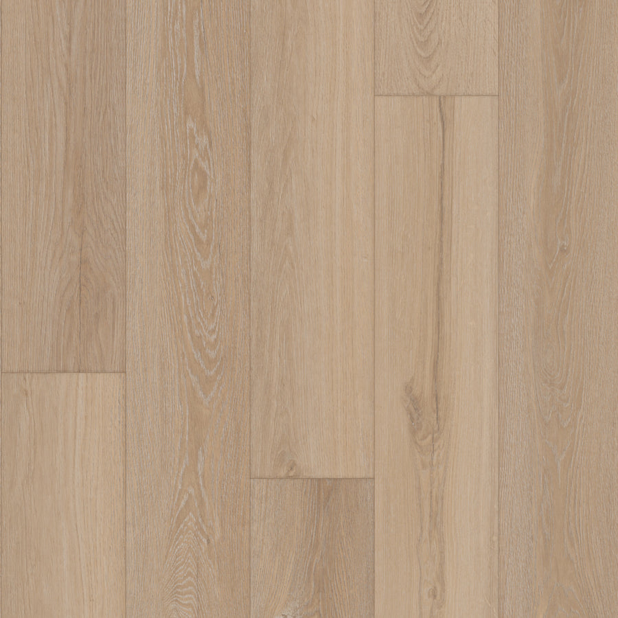 Close-up of Everest 7 2/3" Waterproof Laminate in Glacier, featuring light-colored planks with natural grain patterns and subtle tone variations, ideal for hardwood flooring aesthetics.