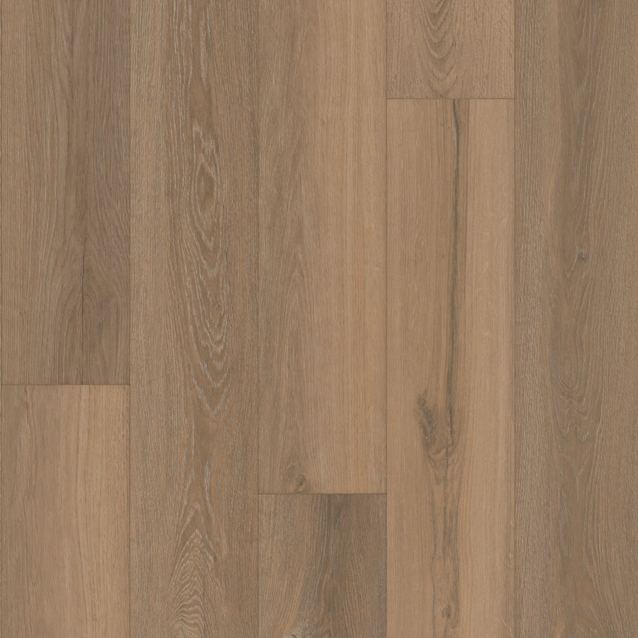 Close-up of Everest 7 2/3" Waterproof Laminate in Slope color, showing light to medium brown tones with a natural wood grain pattern and subtle variations in texture.