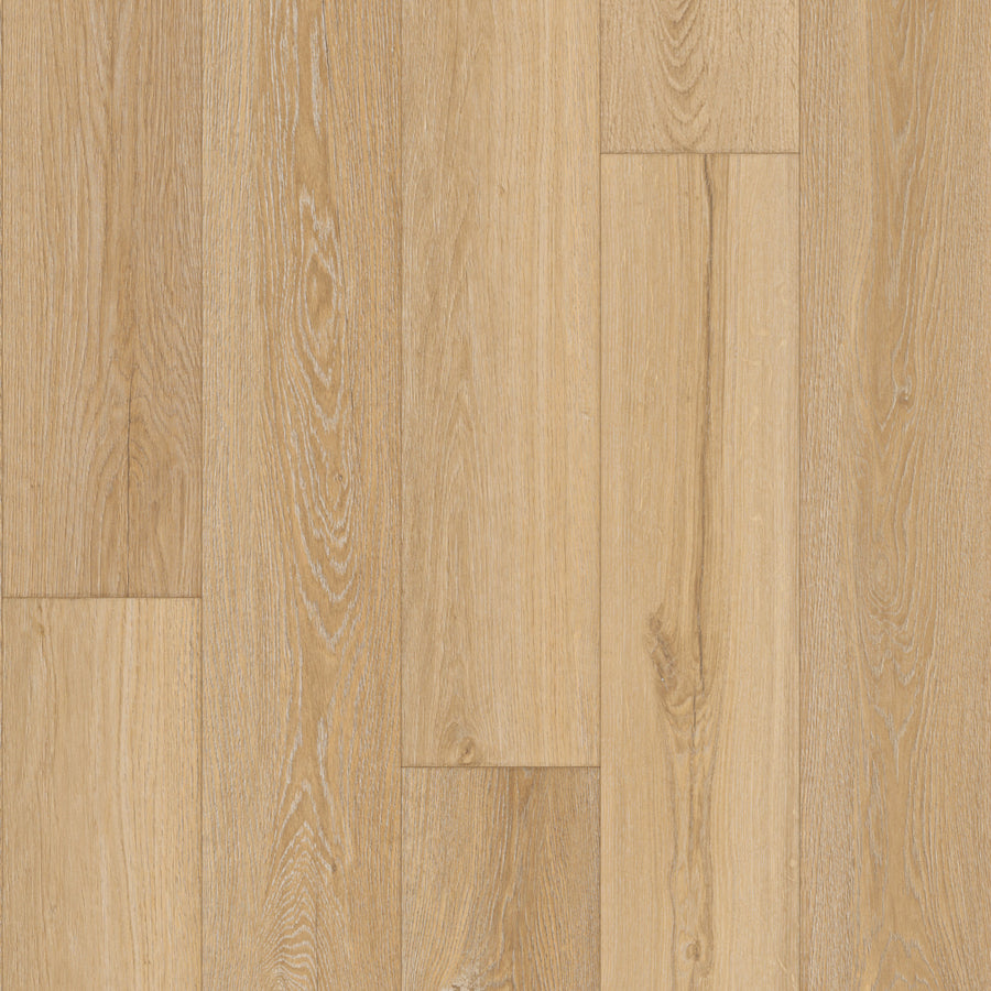 Everest 7 2/3" Waterproof Laminate in Spirit features light wood tones with a natural grain pattern and subtle variations, arranged in a staggered layout for a warm, rustic look.