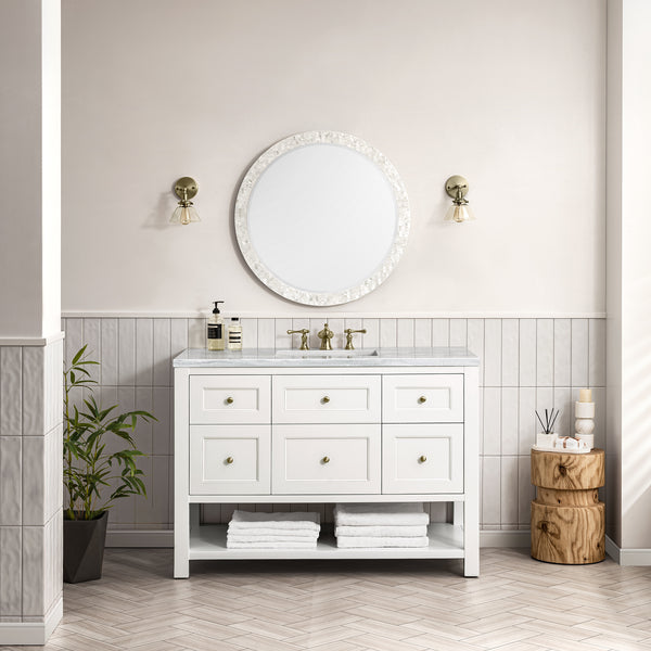 A bathroom with a mirror, a plant, and the Breckenridge 48