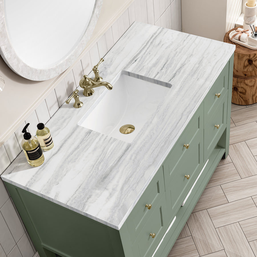 A bathroom vanity with a white and gray marble countertop, an under-mount rectangular sink, gold faucet and drain, green cabinets with gold knobs, and two soap dispensers beside the sink.