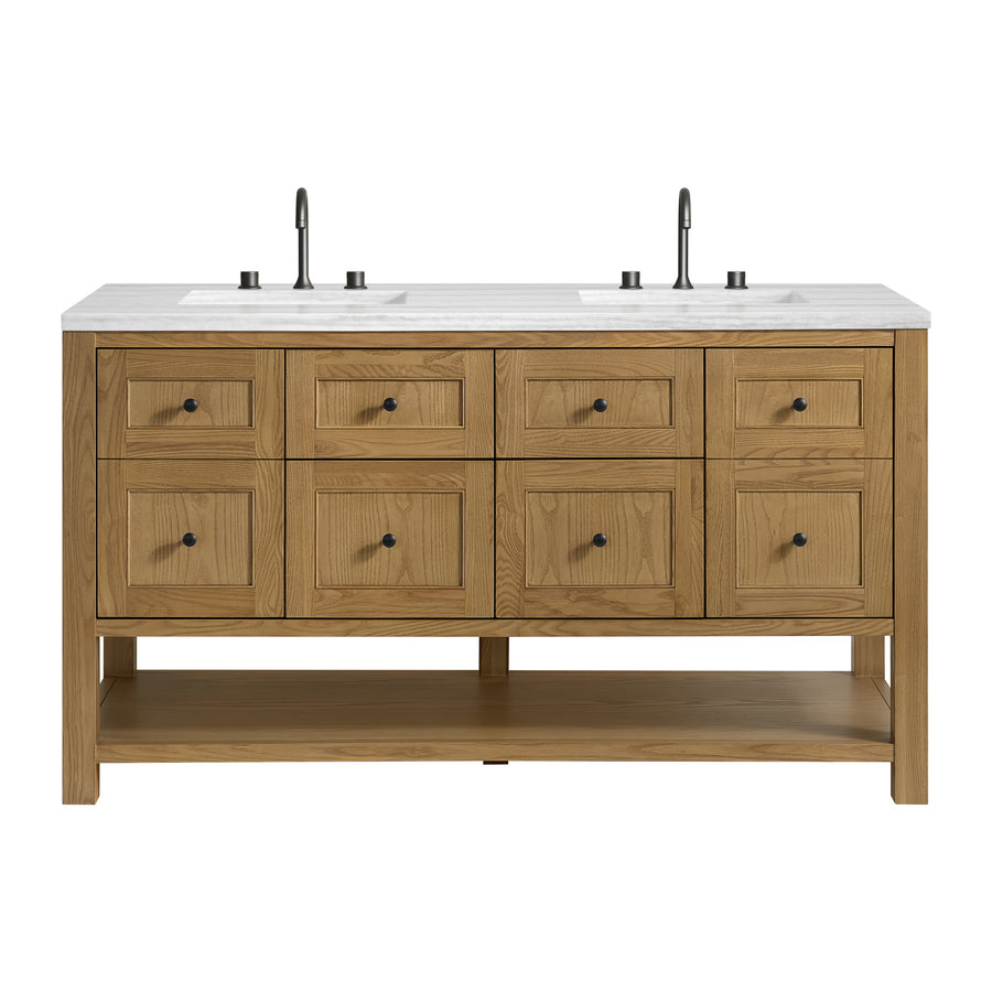 A wooden double-sink vanity with a white countertop, eight drawers, two cabinets, two black faucets, and an open shelf at the bottom.