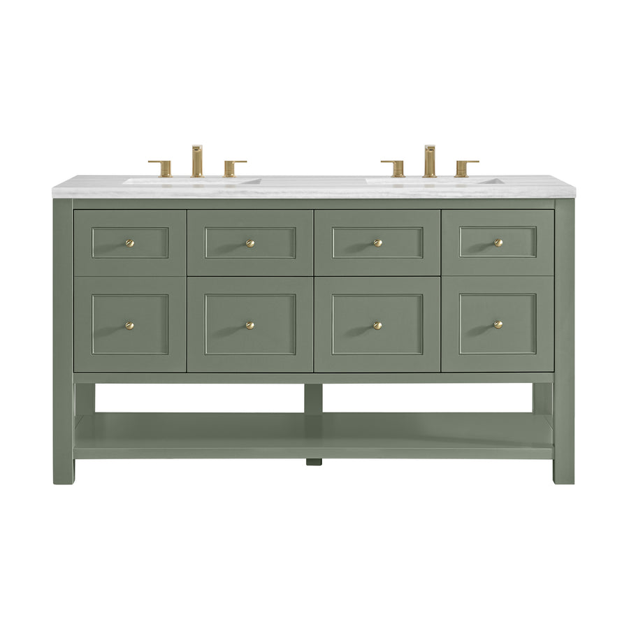 A green double-sink bathroom vanity with gold hardware, white countertop, four drawers, two cabinet doors, and an open lower shelf, isolated on a white background.