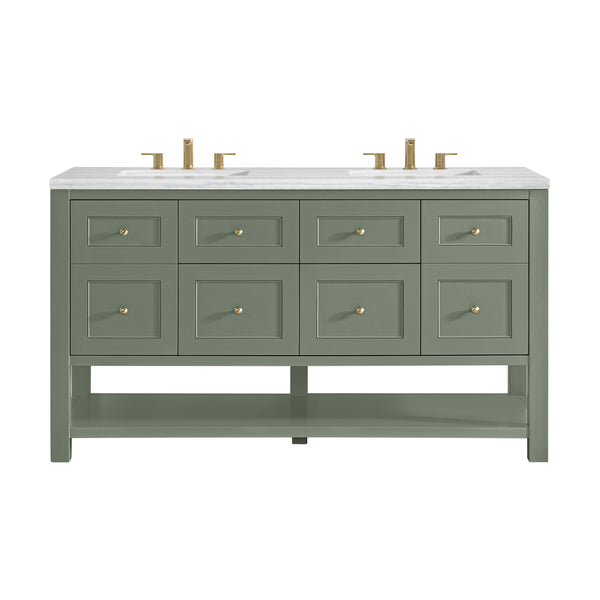 A green double-sink bathroom vanity with gold hardware, white countertop, four drawers, two cabinet doors, and an open lower shelf, isolated on a white background.