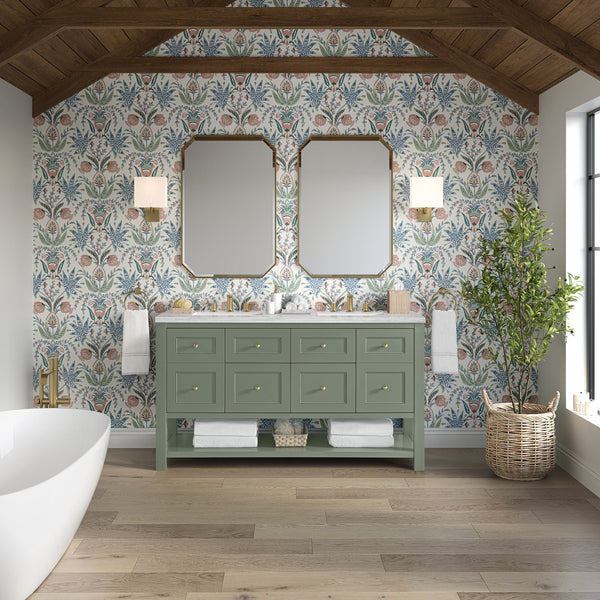 A stylish bathroom with floral wallpaper features the Breckenridge 60