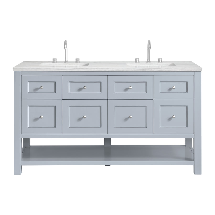 Light blue double-sink bathroom vanity with eight drawers, two cabinets, two silver faucets, a white marble countertop, and an open bottom shelf. The design is modern and clean.