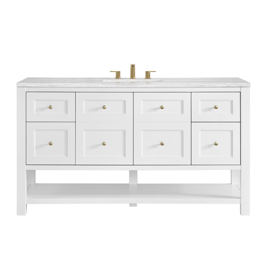A white bathroom vanity with six drawers, gold handles, a white marble countertop, a rectangular under-mount sink, gold faucet, and an open lower shelf.