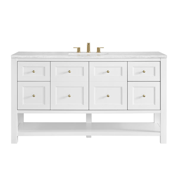 A white bathroom vanity with six drawers, gold handles, a white marble countertop, a rectangular under-mount sink, gold faucet, and an open lower shelf.