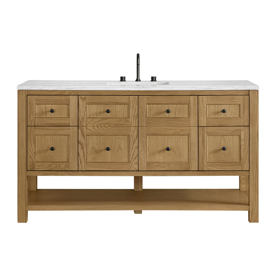 A wooden bathroom vanity with a white countertop, built-in sink, black faucet, six drawers with black knobs, and an open shelf at the bottom.